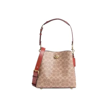 COACH Willow Leather Bucket Bag Portable Crossbody Bag Shoulder Bag Women's Red Brown & Brown Monogram