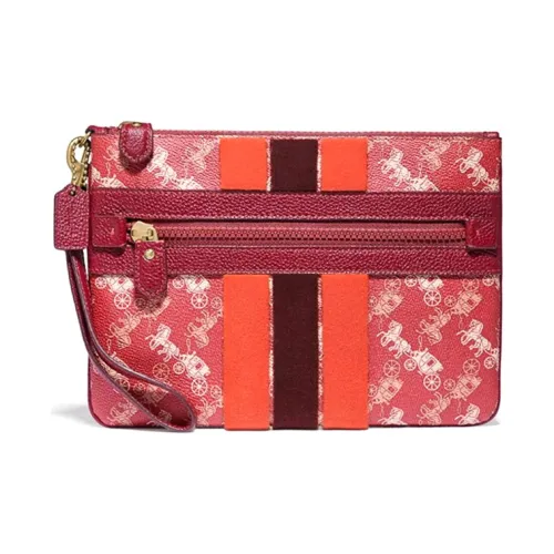 COACH Wristlet Cow Leather With Artificial Leather Wrist Bag Coin Purse, Clutch Medium Size Women's Red