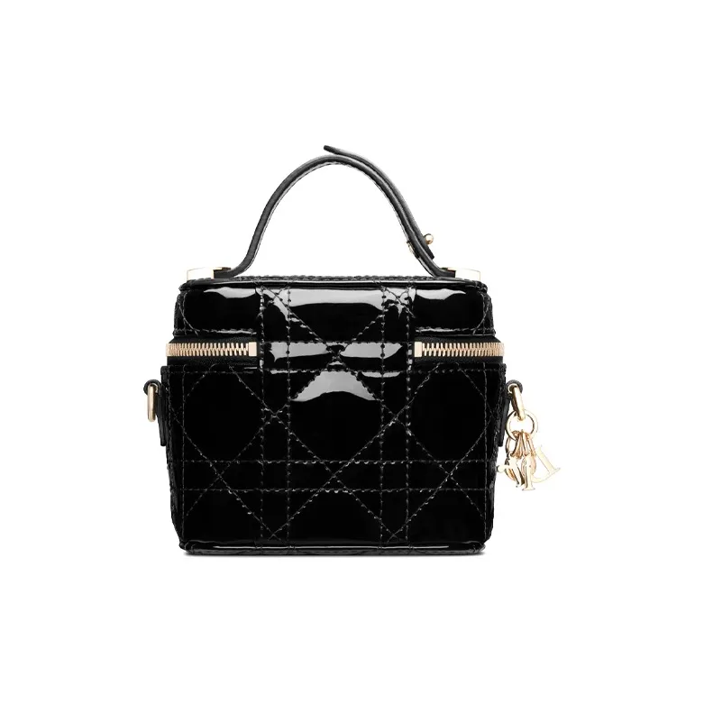 DIOR Lady Dior Patent Leather Cowhide Makeup Bag One Shoulder Handbag Extra Mini Women's Black-3