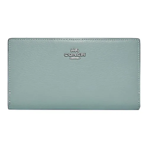 COACH Slim Wallet Pebbled Leather Wallet Clutch Small Size Women's Light Lake Green, Morandi Color Scheme