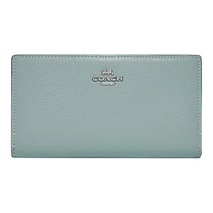 COACH Slim Wallet Pebbled Leather Wallet Clutch Small Size Women's Light Lake Green, Morandi Color Scheme-0