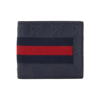 GUCCI Leather Card Holder Wallet Card Clip Men's Dark Blue