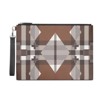Burberry Large Geometric Check And Leather Zip Pouch 'Dark Birch Brown'