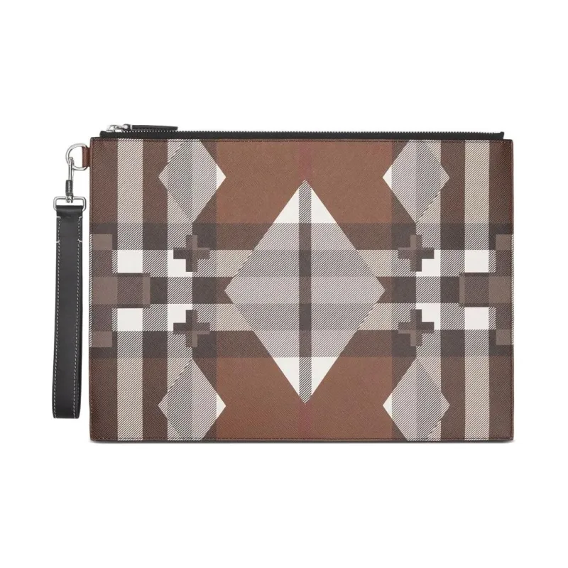 Burberry Large Geometric Check And Leather Zip Pouch 'Dark Birch Brown'-0