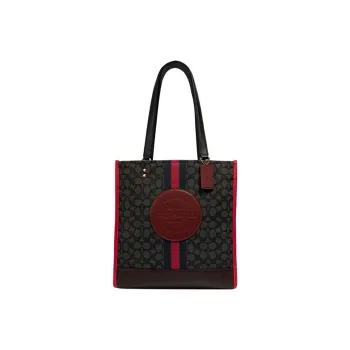 COACH Dempsey Canvas With Leather Tote Bag, Shopping Bag, Shoulder Bag Large Size Women's Red & Black Gray Monogram