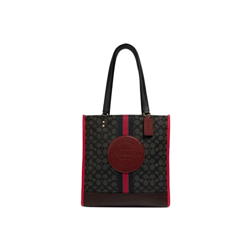 COACH Dempsey Canvas With Leather Tote Bag, Shopping Bag, Shoulder Bag Large Size Women's Red & Black Gray Monogram-0