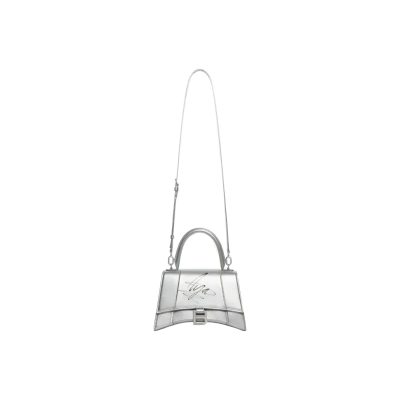Balenciaga Hourglass Cow Leather One Shoulder Handbags Small Size Women's Silver-4