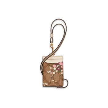 COACH Lanyard Canvas With Leather Document Wallet Card Holders Women's Khaki Monogram