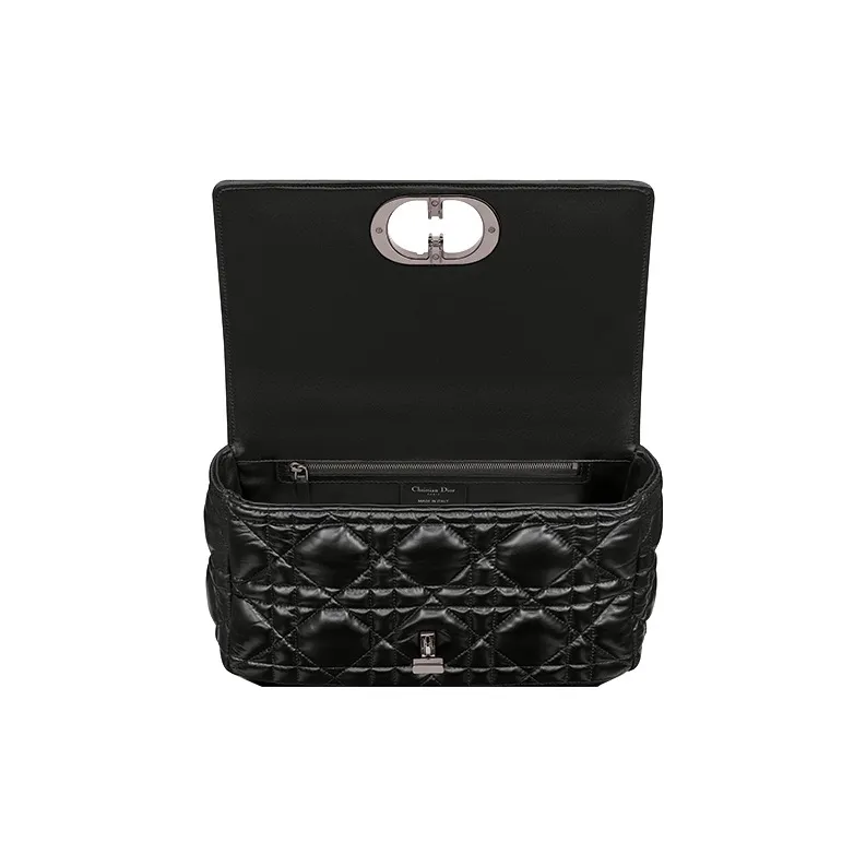 DIOR Caro Cow Leather Shoulder Bag Crossbody Bag Large Size Women's Black Silver-3