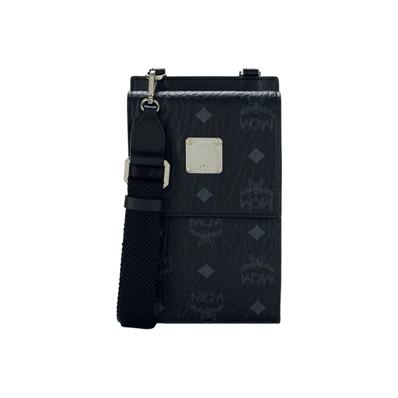 MCM Original Visetos Leather Cell Phone Pouch 2-in-1 Shoulder Bag Crossbody Bag Card Holder Women's Black-0