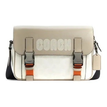 COACH Track Coated Canvas With Calfskin Crossbody Bag Shoulder Bag Large Size Unisex White & Gray