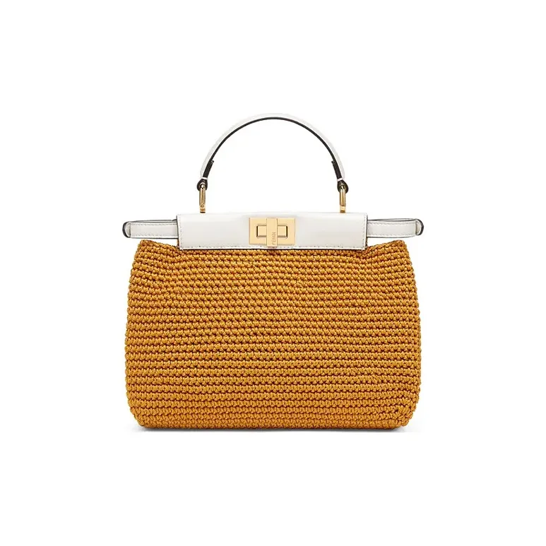 FENDI Peekaboo Viscose Blend With Sheepskin Shoulder Bag Crossbody Bag Handbag Mini Women's Yellow/White-2