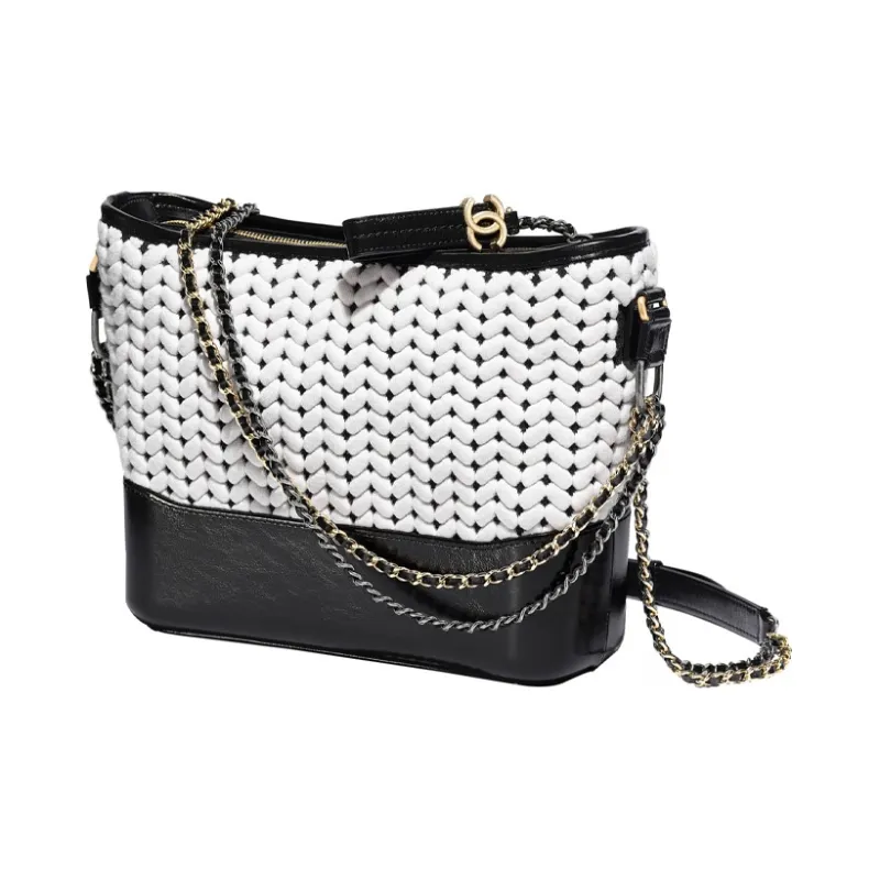 CHANEL 21K Winter Gabrielle Wool Woven Hobo Bag, Shoulder Bag, Crossbody Bag Tubas Women's Black & White-2