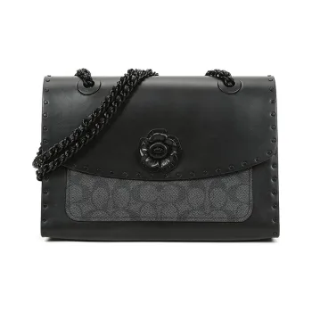 COACH Leather Chain Bag Crossbody Bags Handbags Shoulder Bags Women's Black & Monogram Charcoal Gray