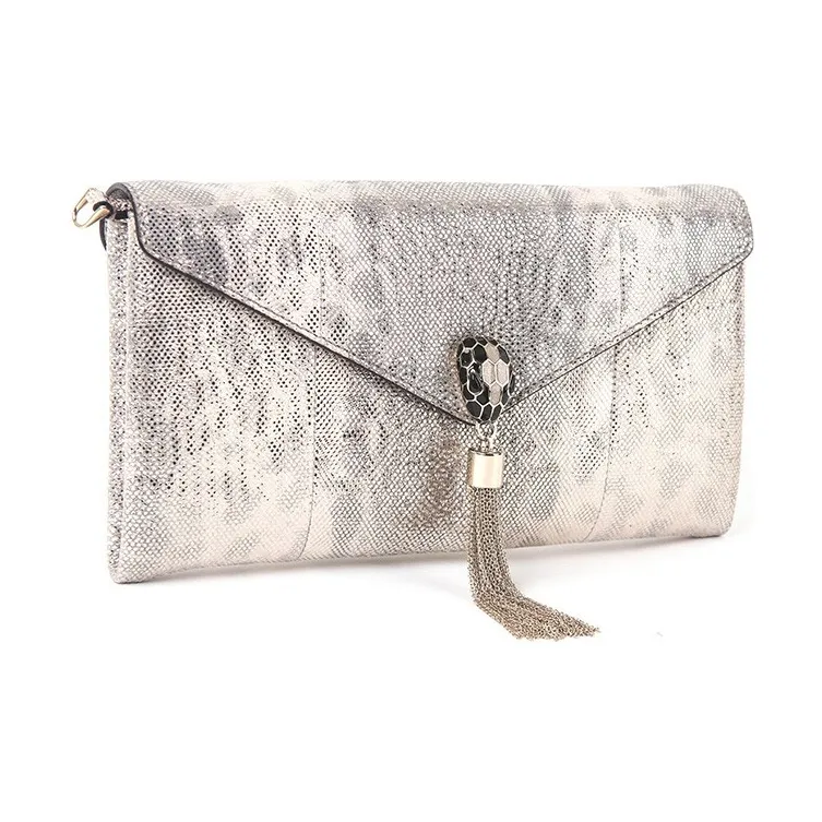 BVLGARI Snake Skin Clutch Regular Women's Light Silver Gray-2