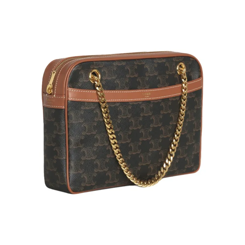 CELINE CANVAS Cow Leather Chain Bag Crossbody Bag Shoulder Bag Medium Size Women's Tawny-2