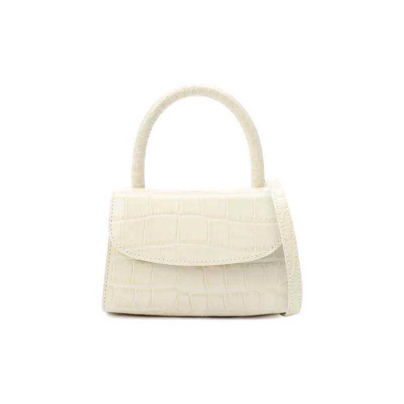 By Far Croco Cow Leather Small Square Bag, Portable Crossbody Bag, Shoulder Bag Mini Women's Cream White-3