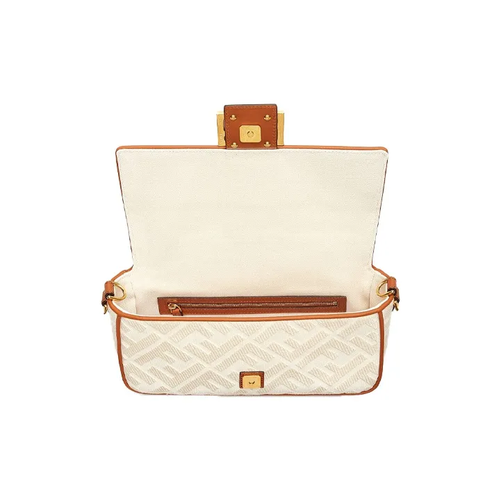 FENDI Baguette Canvas With Leather Portable Crossbody Bag Shoulder Bag Women's White/Brown-3