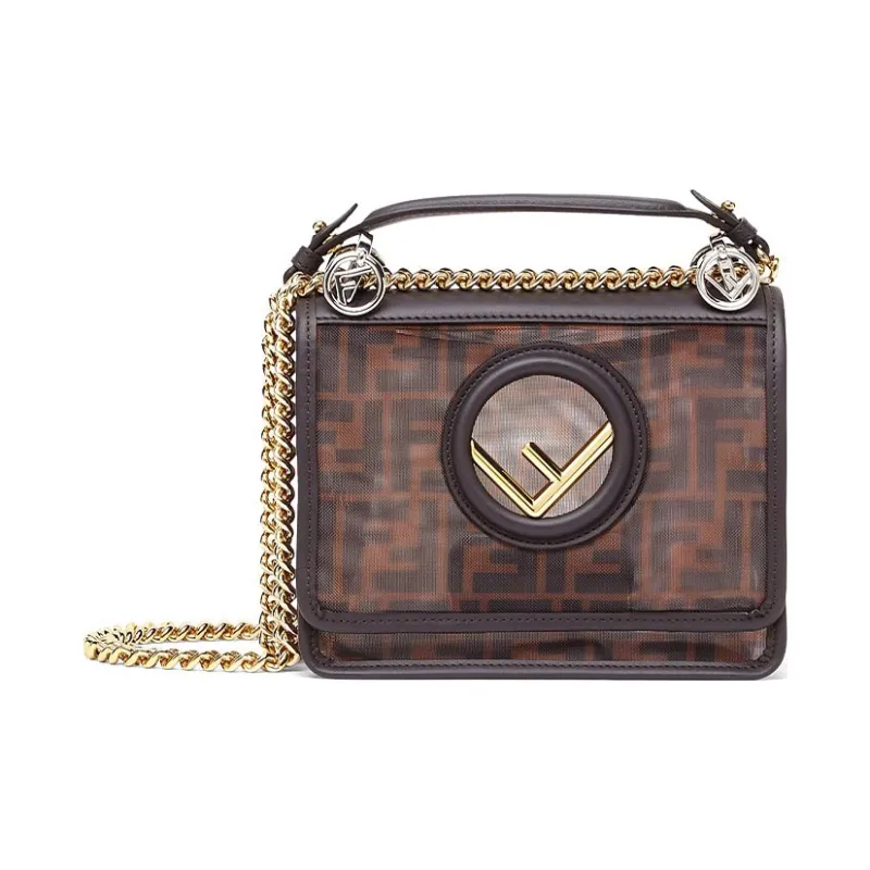 FENDI Kan I Tech Mesh Material Patchwork Leather One Shoulder Handbag Crossbody Bag Mini Women's Brown-0
