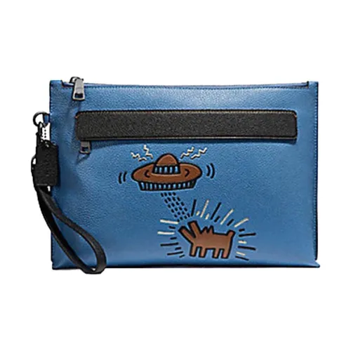 COACH Keith Haring Graffiti Collaboration Pouch Pebbled Leather Wallets Clutches Large Size Men's Lapis Lazuli Blue
