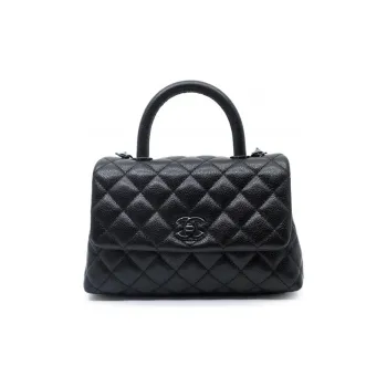 CHANEL COCO HandleSo Black Litchi Grain Cow Leather Shoulder Bag Small Size Women's Black Buckle Black
