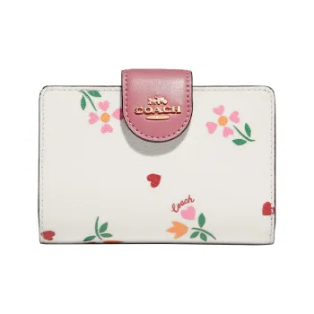 COACH Corner Zip Leather Wallet Women's White Pink Multicolor