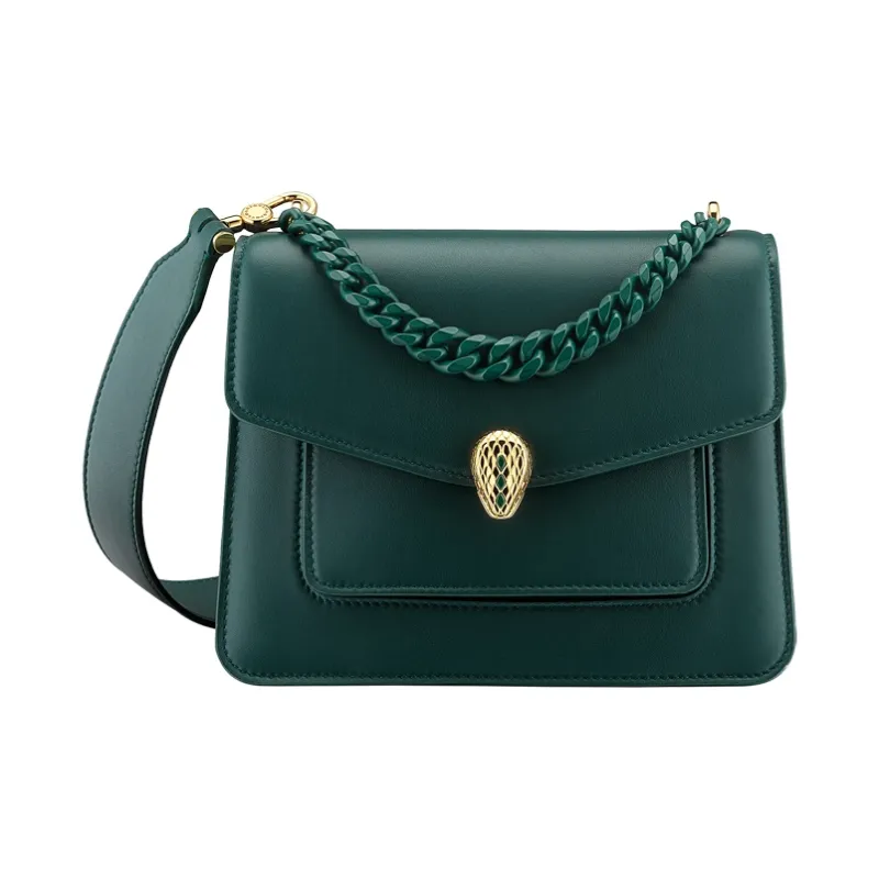 BVLGARI Serpenti Forever Series Lambskin Handbag Shoulder Bag Crossbody Bag Small Size Women's Forest Emerald Green-0