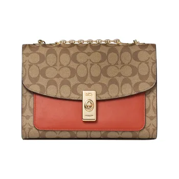 COACH Lane Canvas With Leather Canvas Bag Handbags Medium Size Women's Khaki & Orange