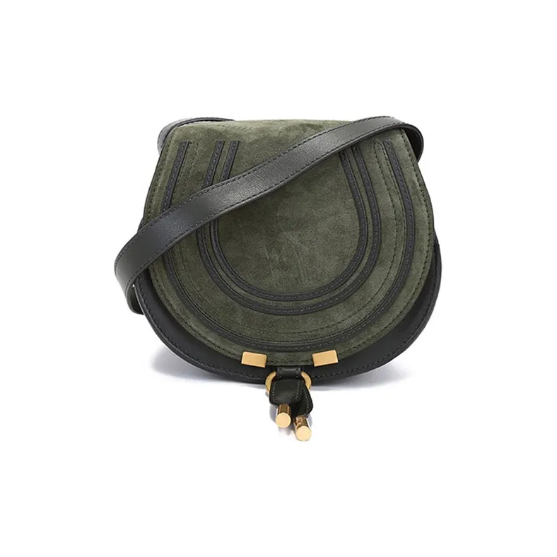 Chloe Marcie Suede Patchwork Shiny Calfskin Saddle Bag, Shoulder Bag, Crossbody Bag Mini Women's Night Forest Green-0