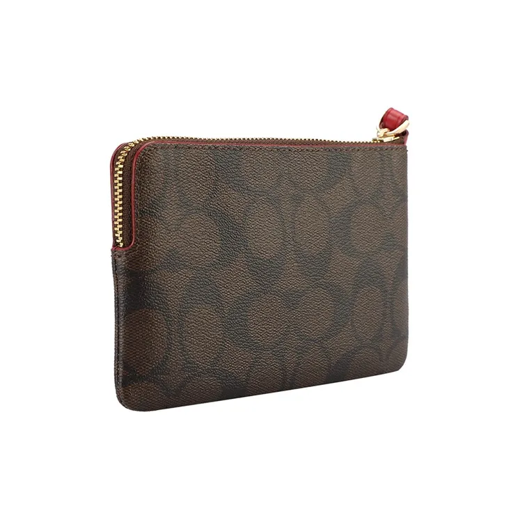 COACH Canvas With Leather Clutch Coin Purse Wrist Bag Women's Brown & Red-2