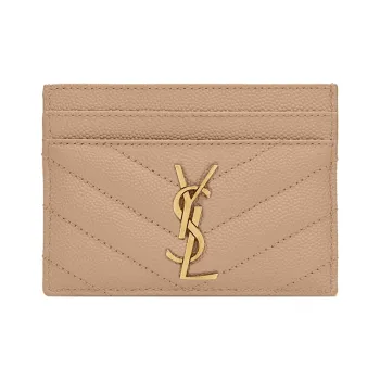 SAINT LAURENT Monogram Quilted Cow Leather Card Clip Card Holder Women's Dark Beige