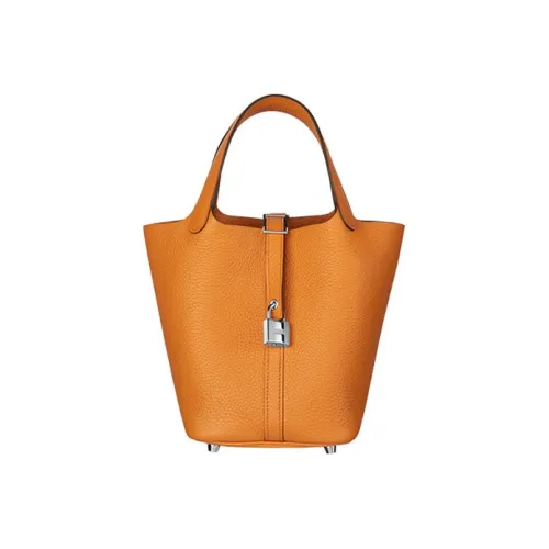HERMES Picotin Lock Clemence Bullock Leather Basket Bag Handbag Bucket Bag 18 Women's Apricot