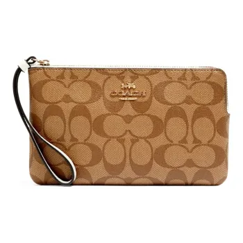 COACH Corner Zip Canvas With Leather Pochette Clutch Large Size Women's Khaki & White Wristband