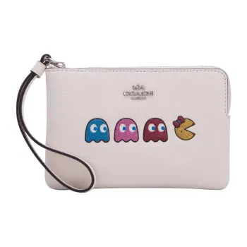 COACH Pac-Man Collaboration Corner Zip Leather Wrist Bags Clutches Small Size Women's Chalk White