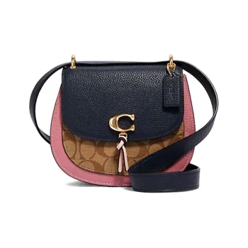 COACH Remi Multicolor Leather Saddle Bag Crossbody Shoulder Bag Women's Khaki & Midnight Blue