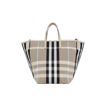 Burberry Plaid Canvas Beach Bag Tote Bag Shopping Bag Handbag Unisex Light Brown