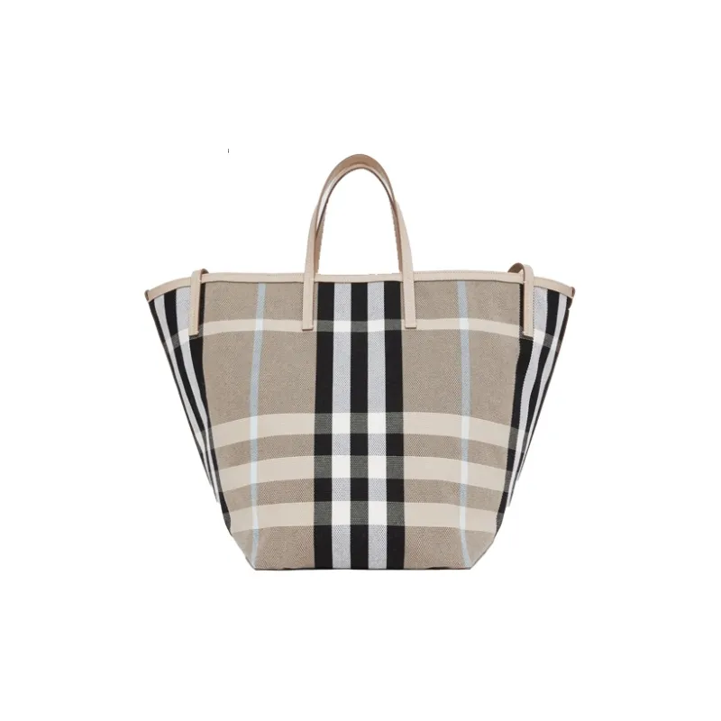 Burberry Plaid Canvas Beach Bag Tote Bag Shopping Bag Handbag Unisex Light Brown-0