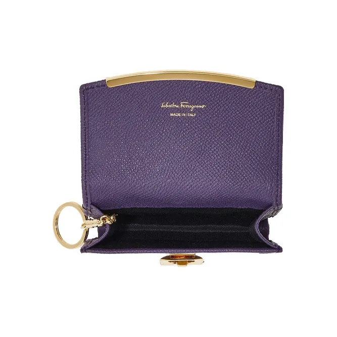 FERRAGAMO GANCINI Hammered Texture Cow Leather Business Card Holder Women's Purple-3