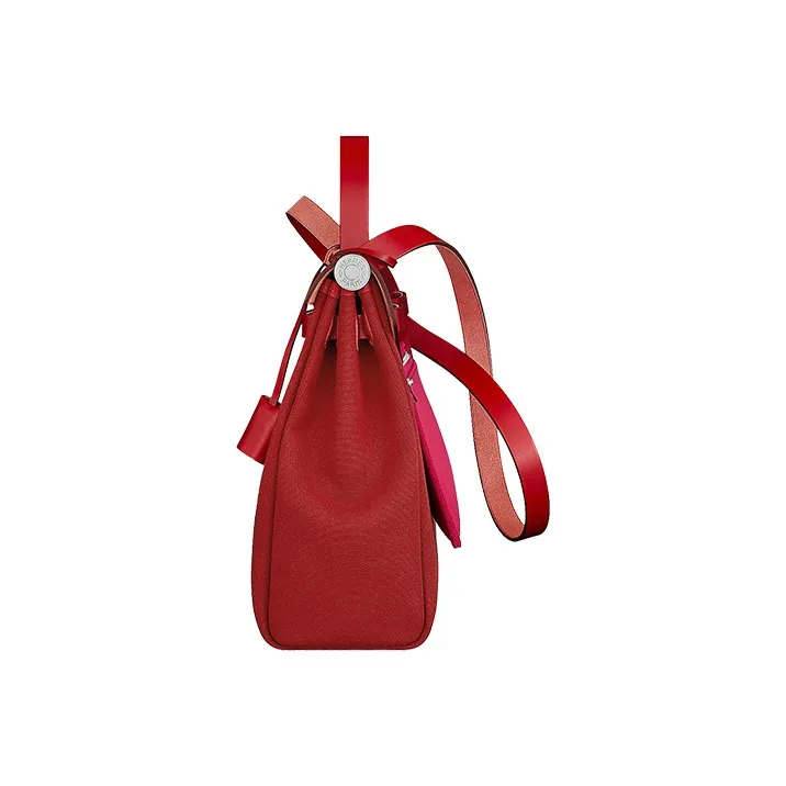 HERMES Herbag Zip Officier Canvas With Hunter Cow Leather Handbag Women's Venice Deep Red/Bright Pink/Chili Red-1