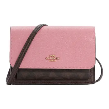 COACH Foldover Leather Fanny Pack Shoulder Bag Crossbody Bag Small Size Women's Brown Monogram & Shell Pink