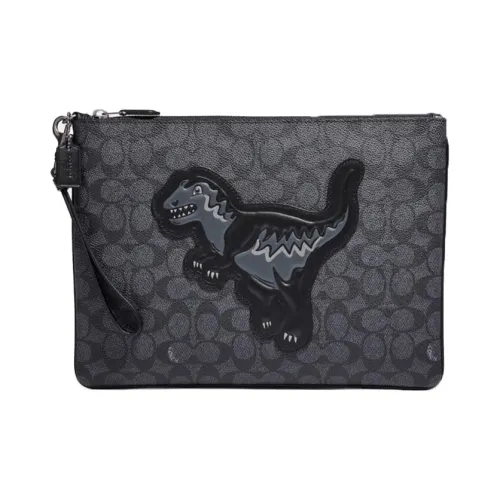 COACH Pouch Cow Leather Clutch Large Size Men's Charcoal Gray