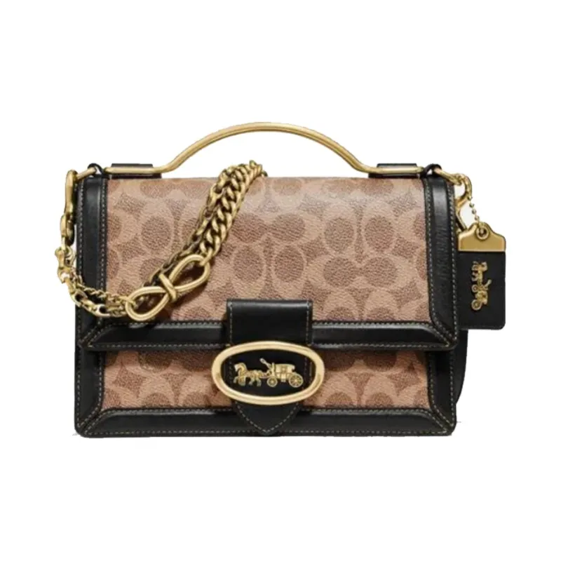 COACH Riley Leather Trunk Bag, Handbag, Shoulder Bag, Crossbody Bag Medium Size Women's Black & Brown-0