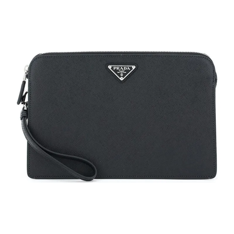 PRADA Saffiano Leather Clutch Men's Black-0