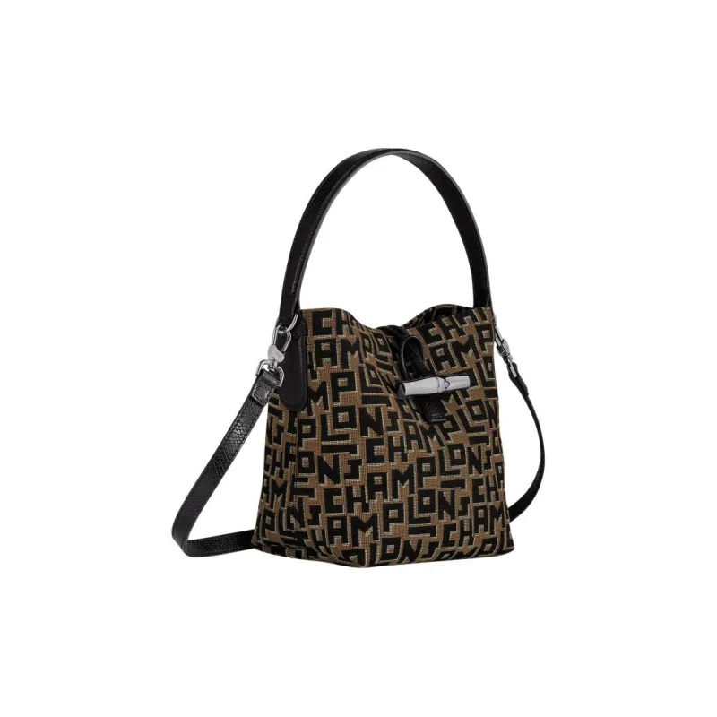 LONGCHAMP Roseau Polyester Bucket Bags One Shoulder Handbags Small Size Women's Black & Brown-1