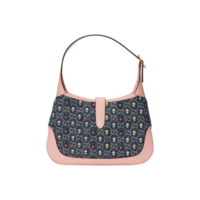 GUCCI Jackie 1961 Canvas With Leather Trim Crescent Shoulder Bag Shoulder Bag Trumpets Women's Pink Blue Multicolor-4