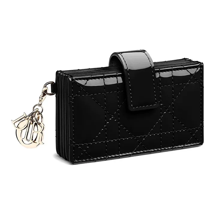DIOR Patent Leather, Cow Leather Wicker Pattern 5 Compartment Card Holder Women's Black-1