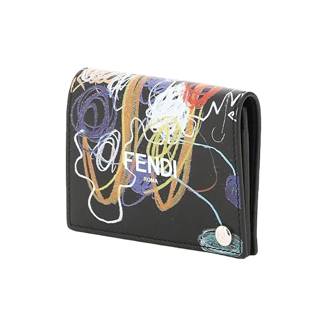 FENDI Calfskin Card Clip Card Holder Men's Black & Multicolor-2
