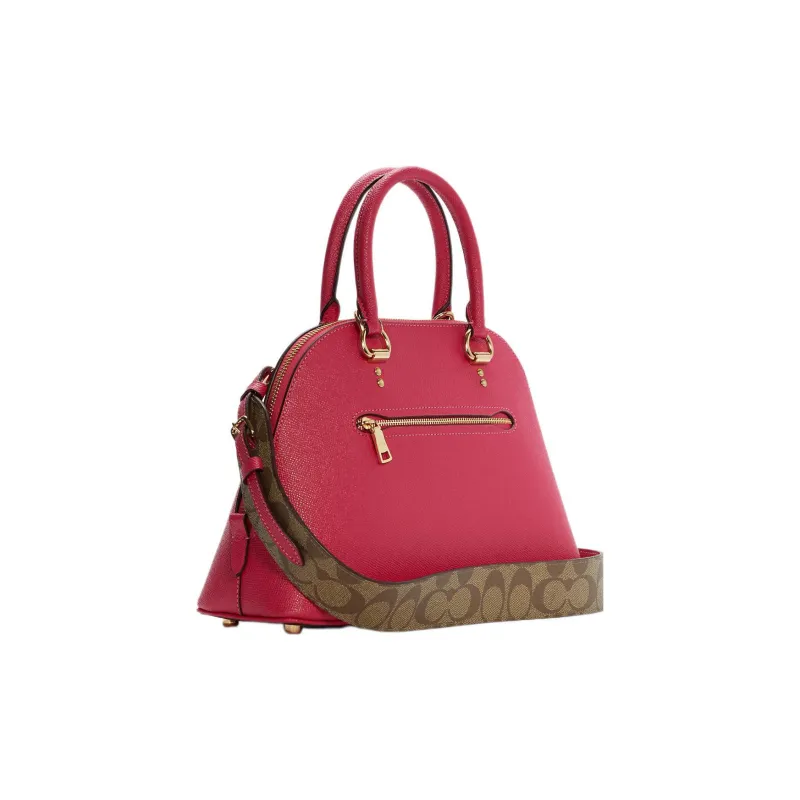 COACH Katy Cross Grain Leather Dome Bag, Shoulder Bag, Crossbody Bag, Handbag Large Size Women's Red & Brown-1