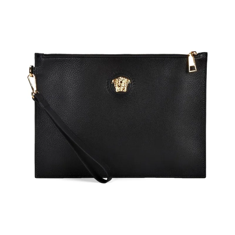 VERSACE Leather Coin Purse, Clutch Men's Black-0