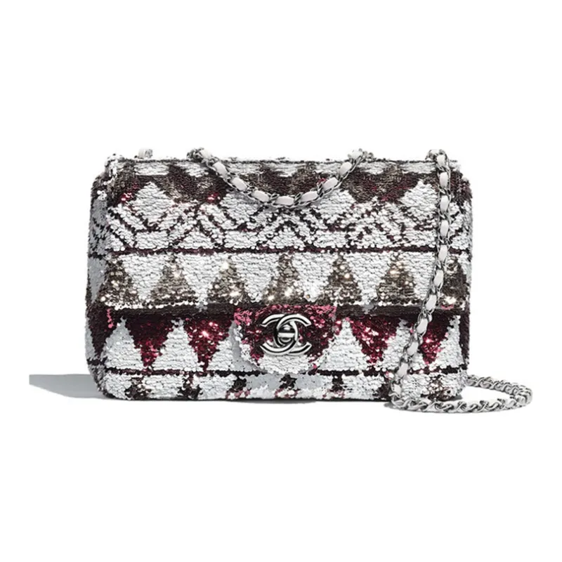 CHANEL Bead Chain Shoulder Bag, Crossbody Bag Women's White & Silver & Burgundy-0